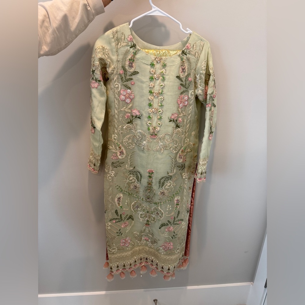 Floral Embroidered Pakistani Dress - Green and Pink